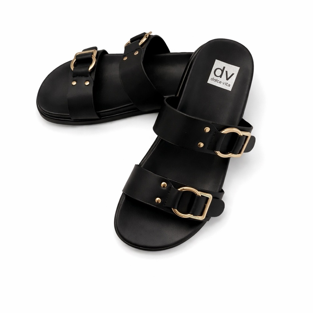 DV by Dolce Vita Black Double Buckle Slide Sandals Size 8.5 NWOT Gold Hardware - Picture 3 of 7